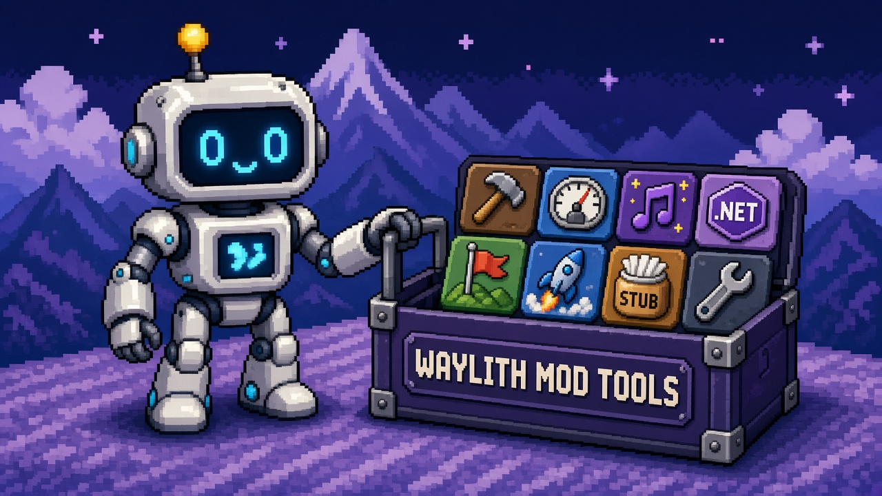 Pixel art robot with WAYLITH MOD TOOLS toolbox and twelve tiny tools
