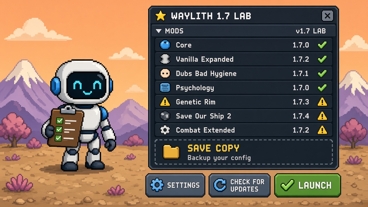 Pixel art robot with checklist clipboard beside WAYLITH 1.7 LAB modlist window and SAVE COPY folder