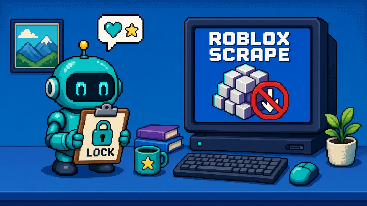 Pixel art teal robot with LOCK clipboard beside ROBLOX SCRAPE monitor