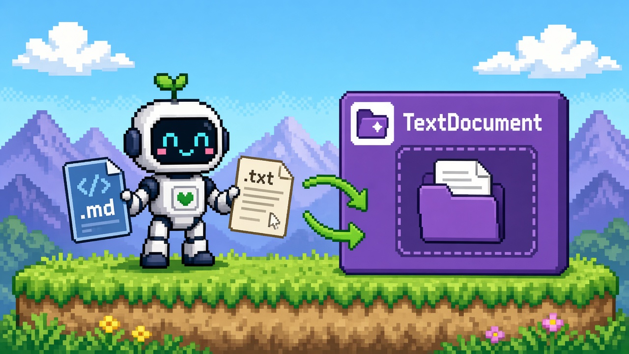 Pixel art robot importing .md and .txt into a TextDocument Asset Manager folder