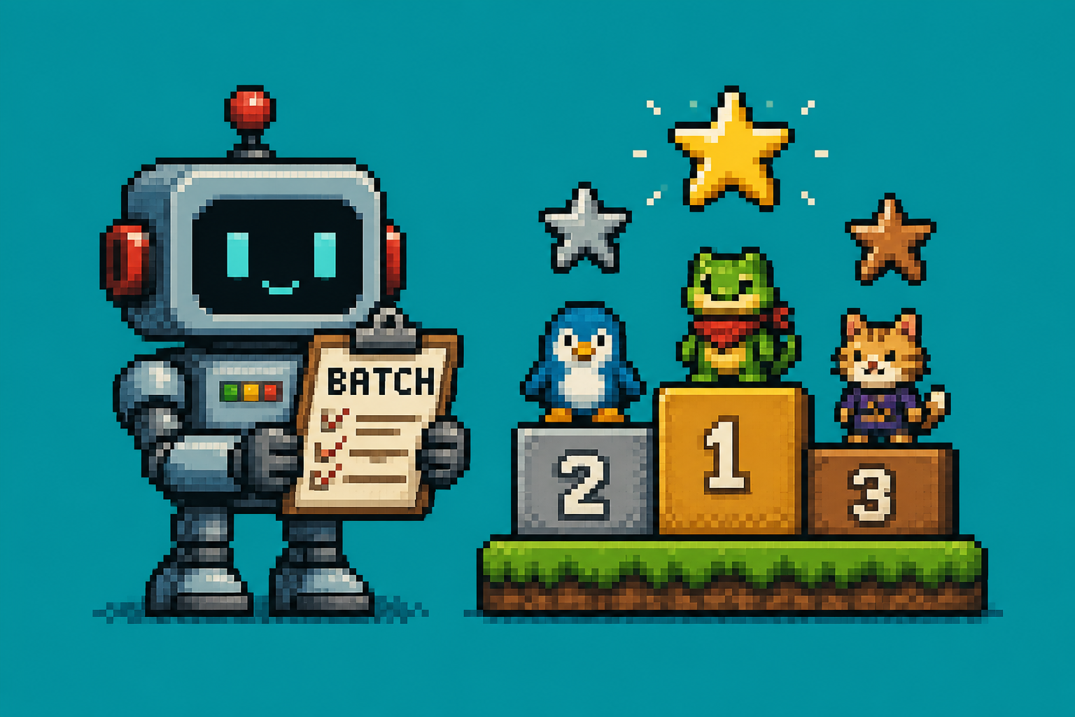 Pixel art robot with a BATCH clipboard beside a friends leaderboard podium