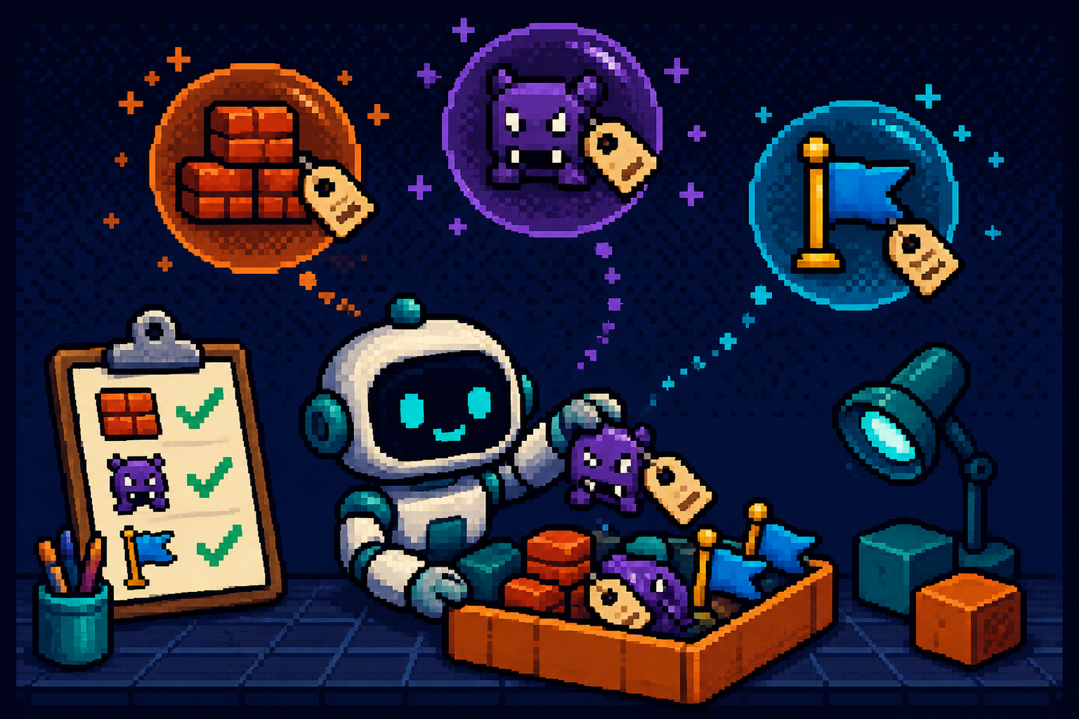 Pixel art robot sorting tagged bricks, enemies, and flags into glowing collection bubbles at a studio desk