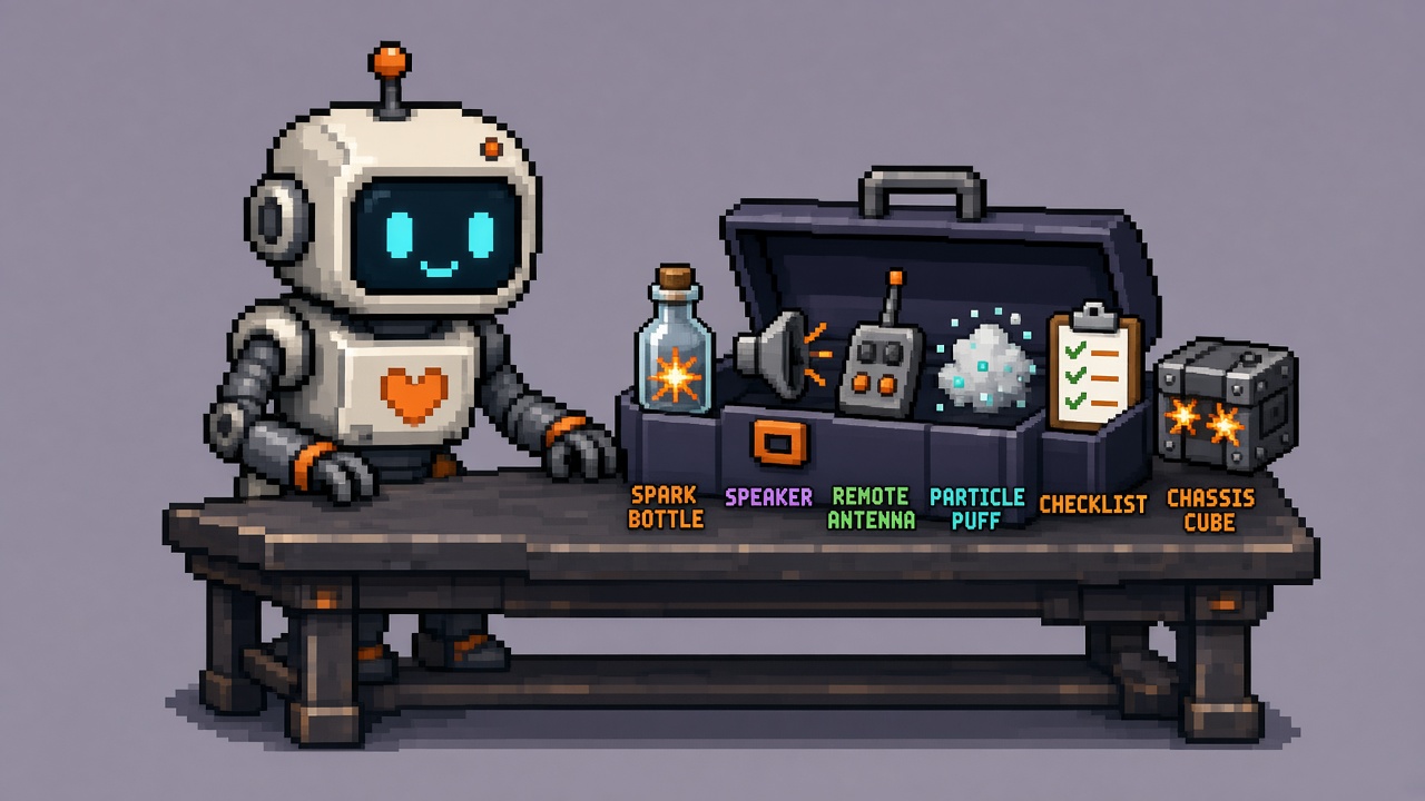 Pixel art robot with impact FX toolbox - sparks, speaker, remote, particles, checklist, chassis