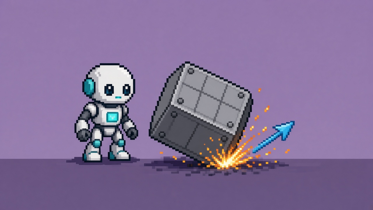 Pixel art robot watching a chassis cube impact with sparks and a normal arrow