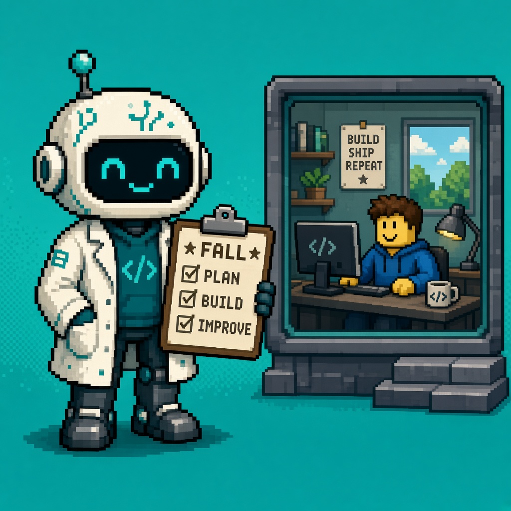 Pixel art robot holding a FALL checklist beside a Studio coding scene
