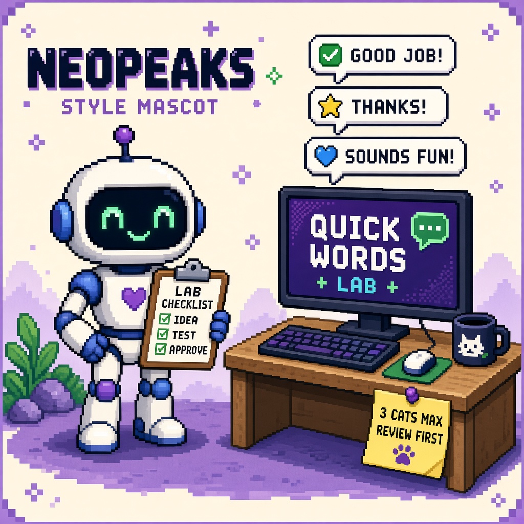 Pixel art robot with LAB checklist beside QUICK WORDS LAB monitor and 3 CATS MAX REVIEW FIRST note