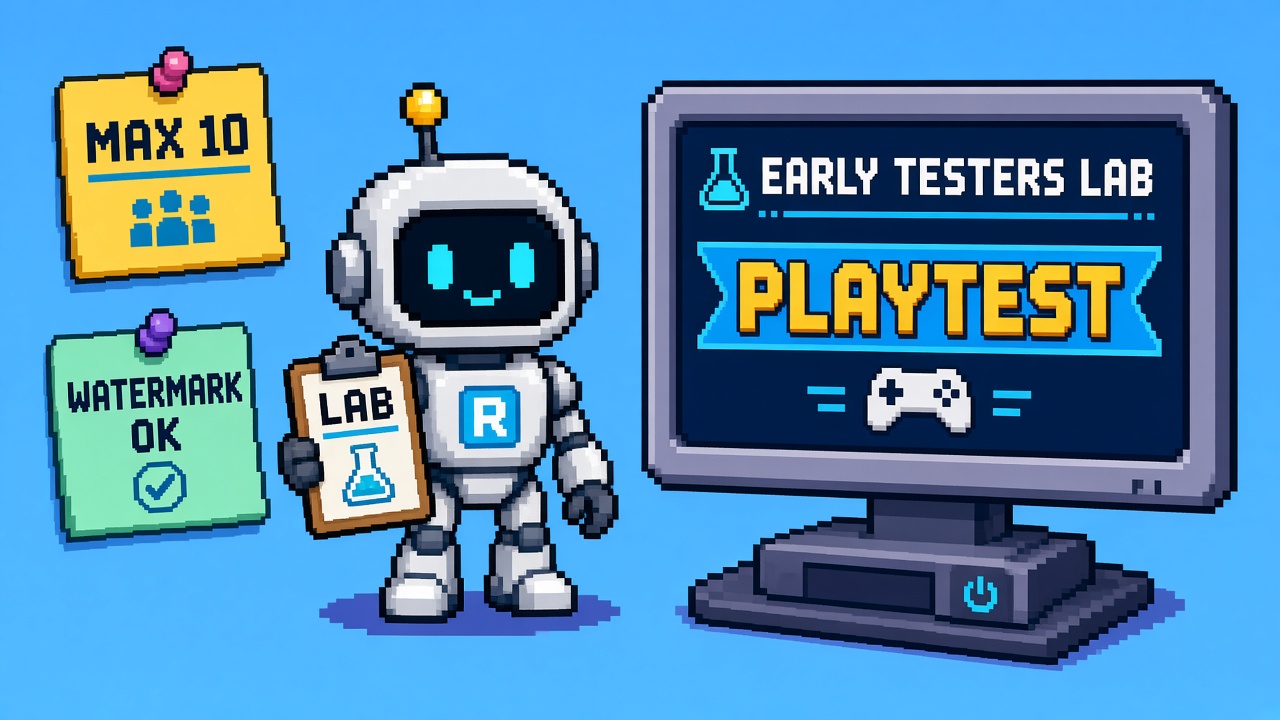 Pixel art robot with LAB clipboard beside EARLY TESTERS LAB monitor showing PLAYTEST