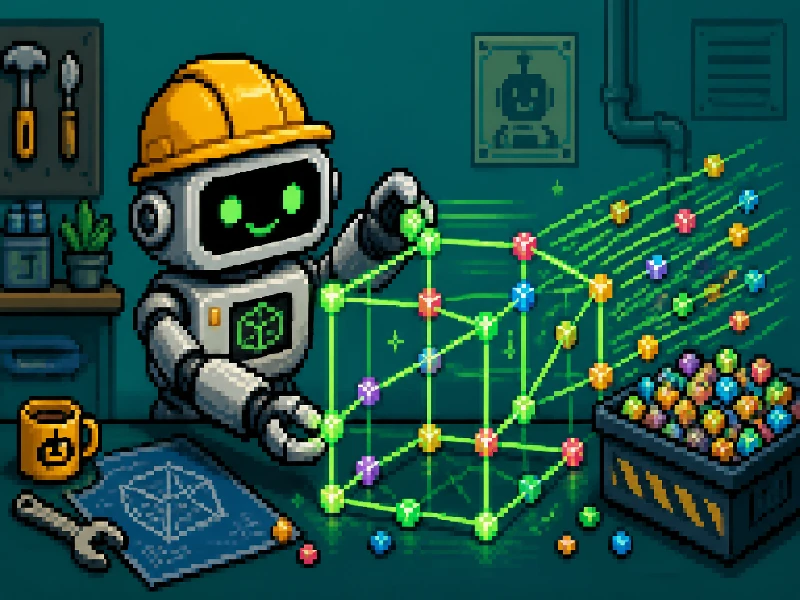 Pixel art of a robot assembling a glowing wireframe mesh from batched vertices