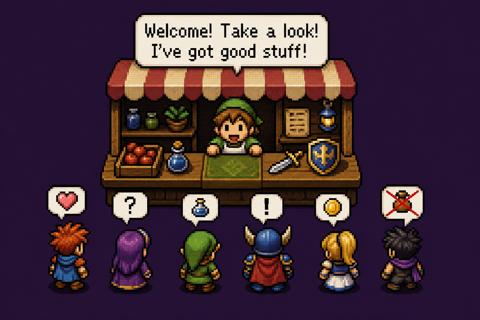 Pixel art shopkeeper NPC speaking English to a crowd of players whose speech bubbles differ, one crossed out