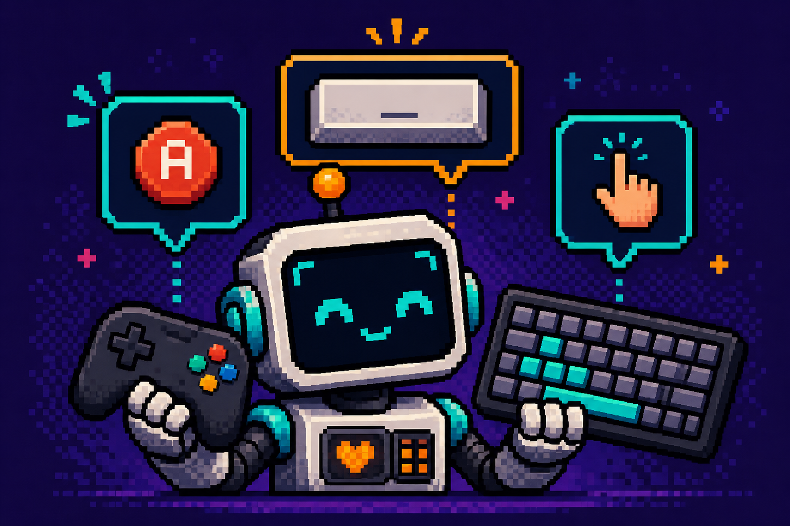 Pixel art robot holding a gamepad and keyboard with floating A-button, key, and touch hotkey hint bubbles