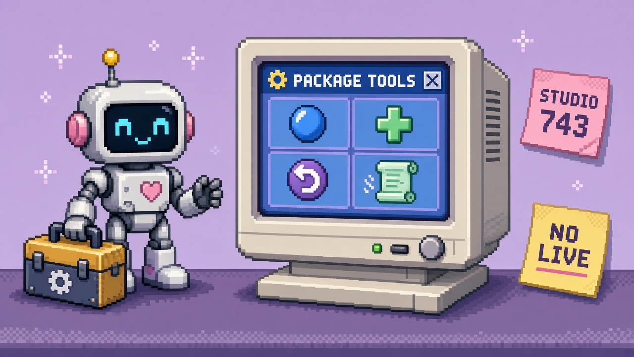 Pixel art robot with a toolbox beside a PACKAGE TOOLS monitor of override icons