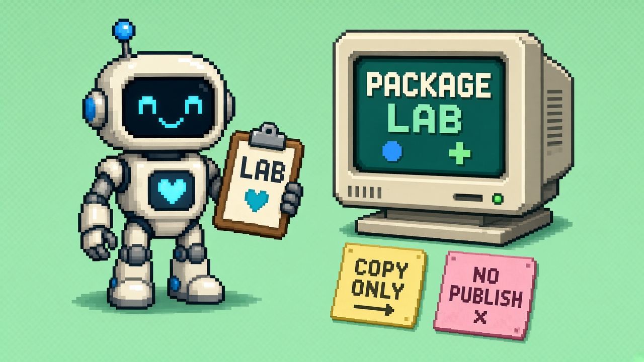Pixel art robot with a LAB clipboard beside a PACKAGE LAB monitor showing a blue dot and a green plus