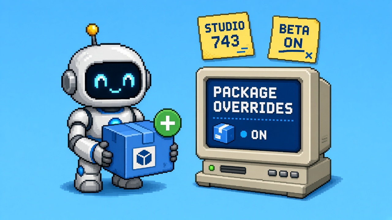 Pixel art robot holding a package with a green plus beside a PACKAGE OVERRIDES monitor