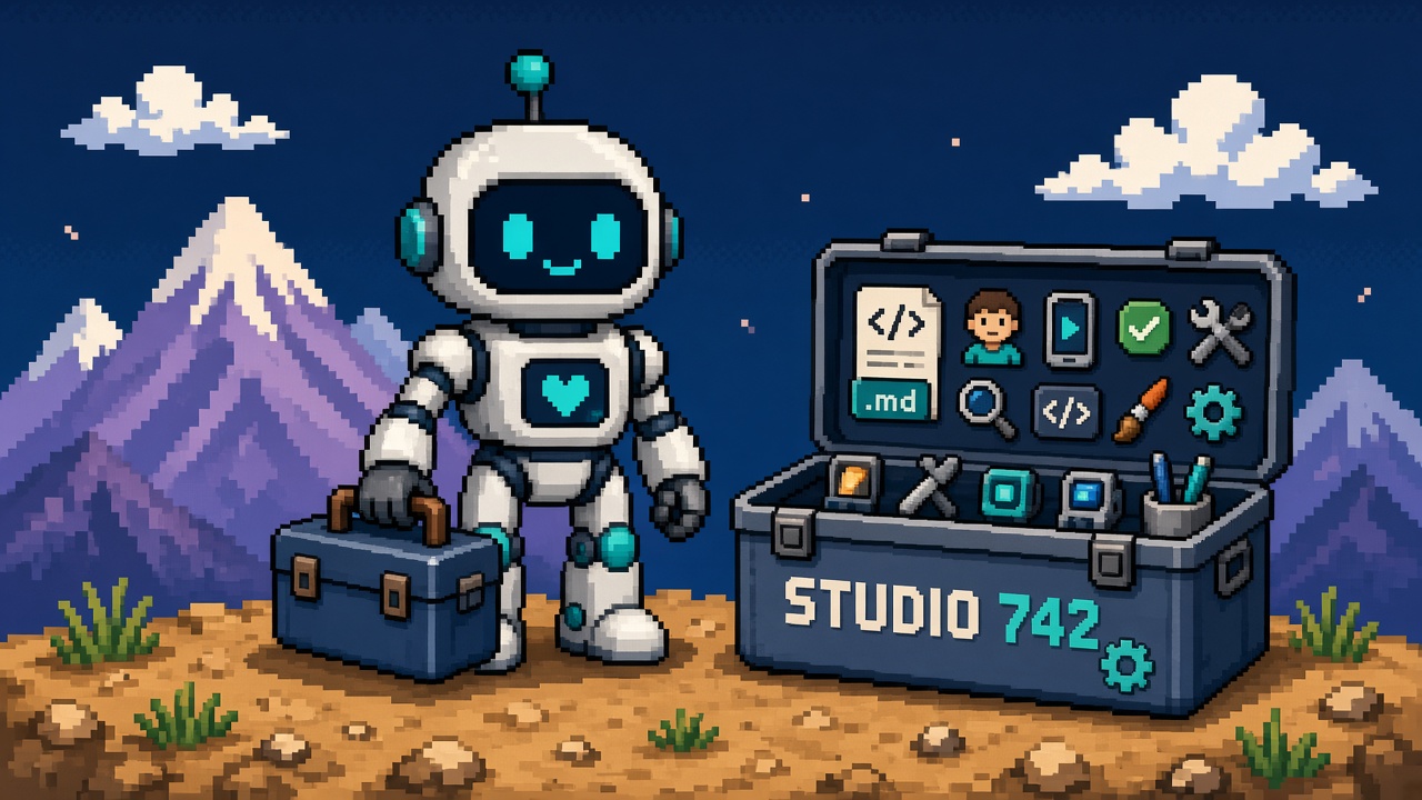 Pixel art robot with STUDIO 742 toolbox and twelve tiny tools