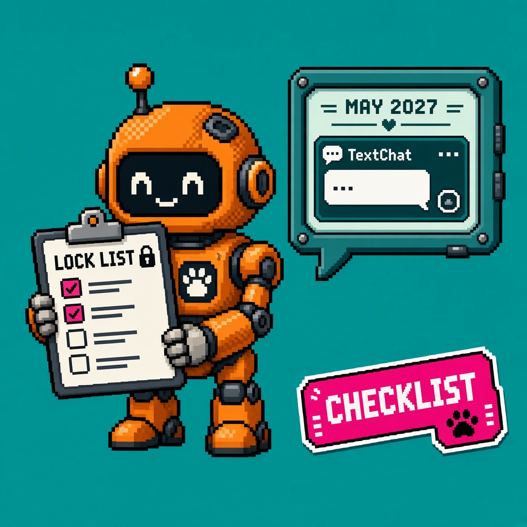 Pixel art orange robot with LOCK LIST clipboard beside MAY 2027 TextChat monitor