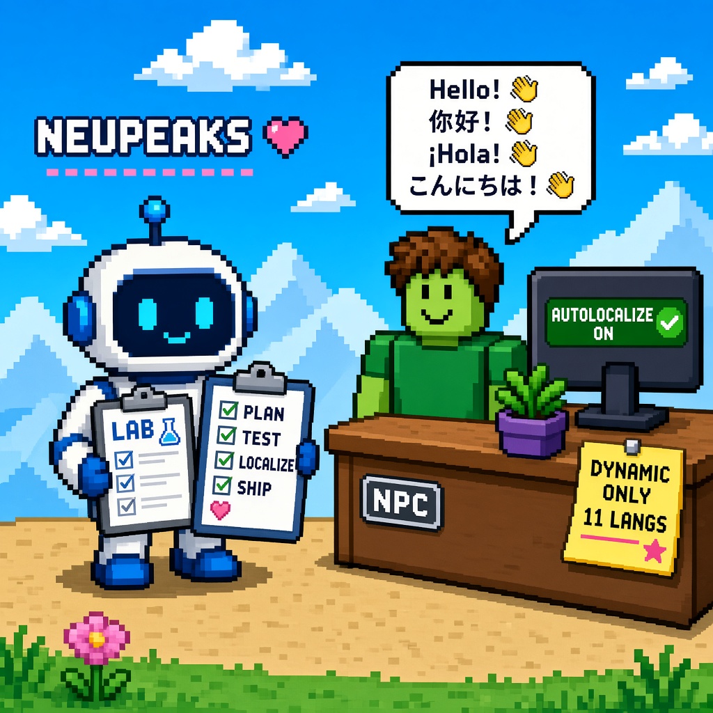 Pixel art robot with LAB clipboard beside NPC desk showing AUTOLOCALIZE ON and DYNAMIC ONLY 11 LANGS note