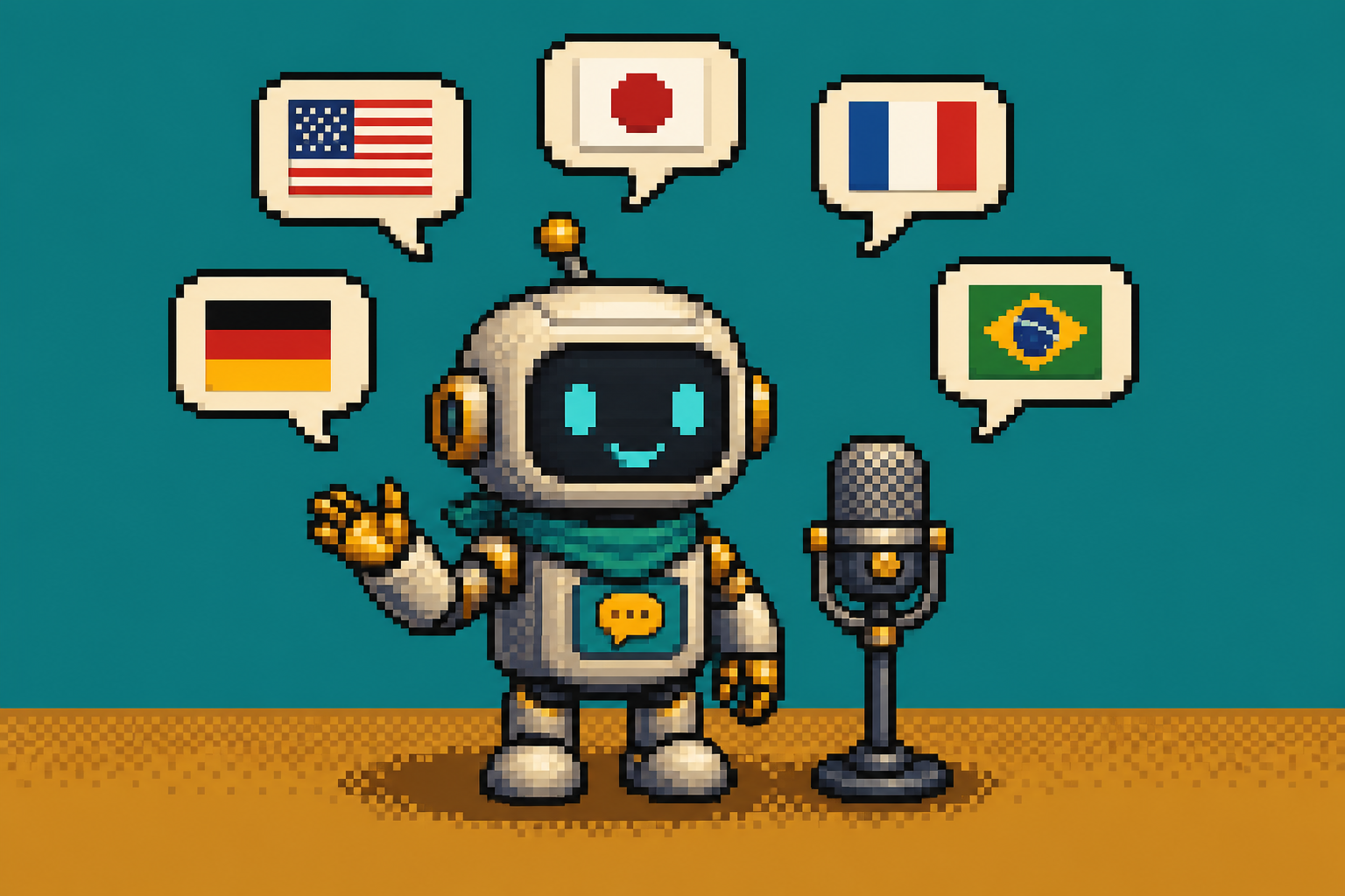 Pixel art robot NPC with multi-language speech bubbles beside a studio mic