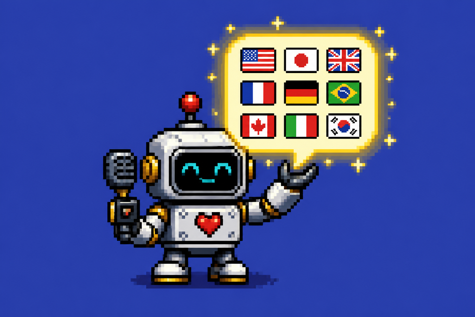 Pixel art robot holding a speech bubble with tiny world-flag icons and a microphone