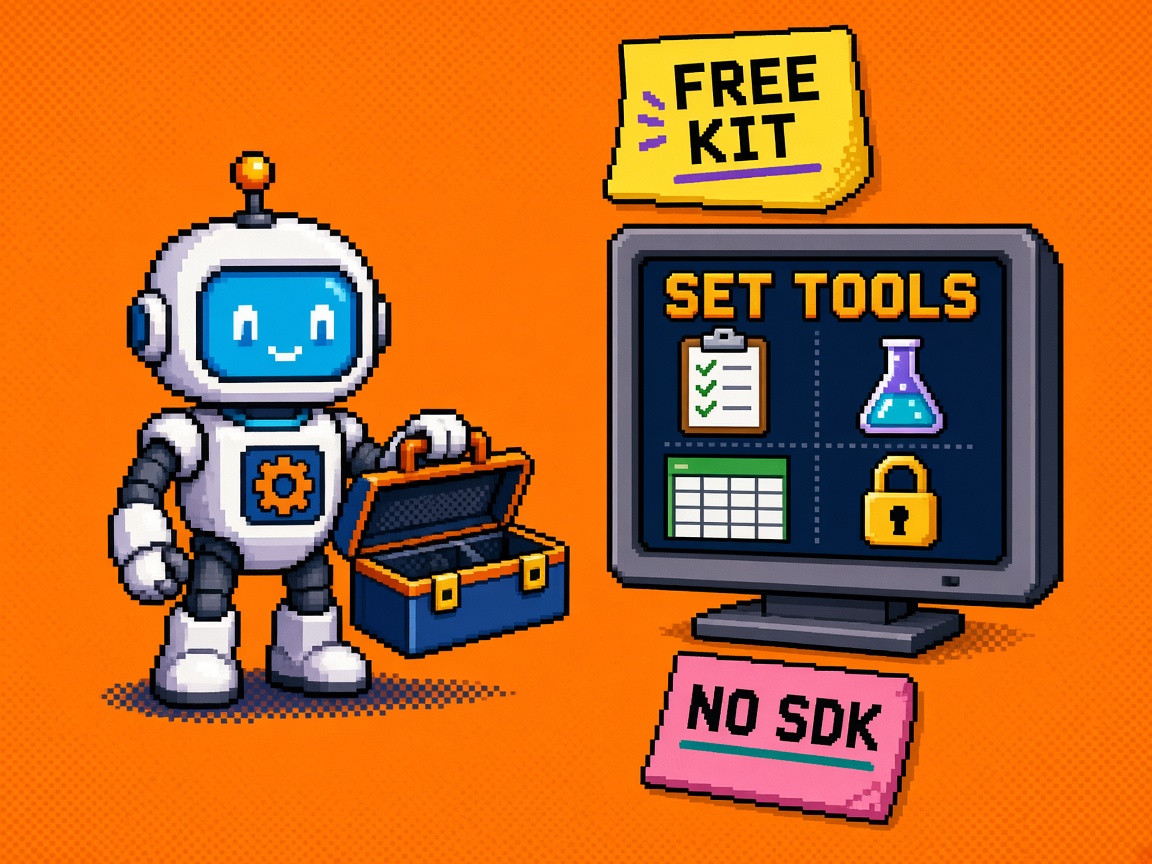 Pixel art robot with a toolbox beside a Steam achievement set tools monitor