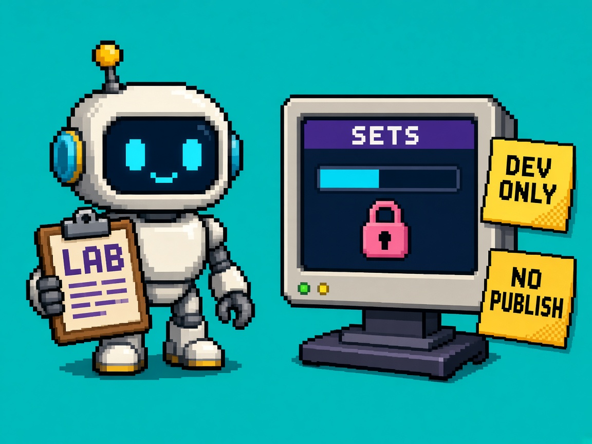 Pixel art robot with a lab clipboard beside a locked Steam achievement sets monitor