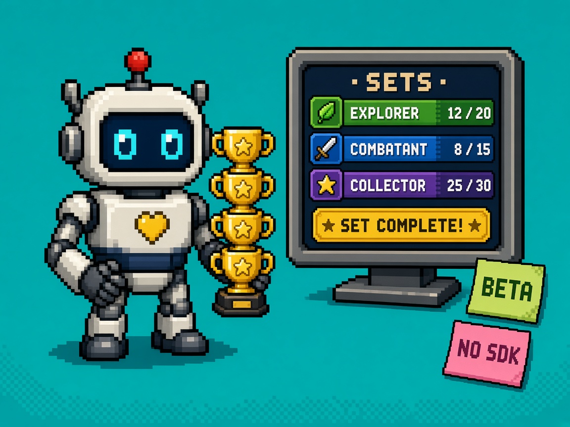 Pixel art robot with trophy stacks beside a Steam achievement sets monitor marked beta and no SDK