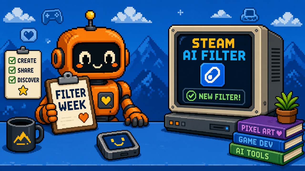 Pixel art orange robot with FILTER WEEK clipboard beside STEAM AI FILTER monitor
