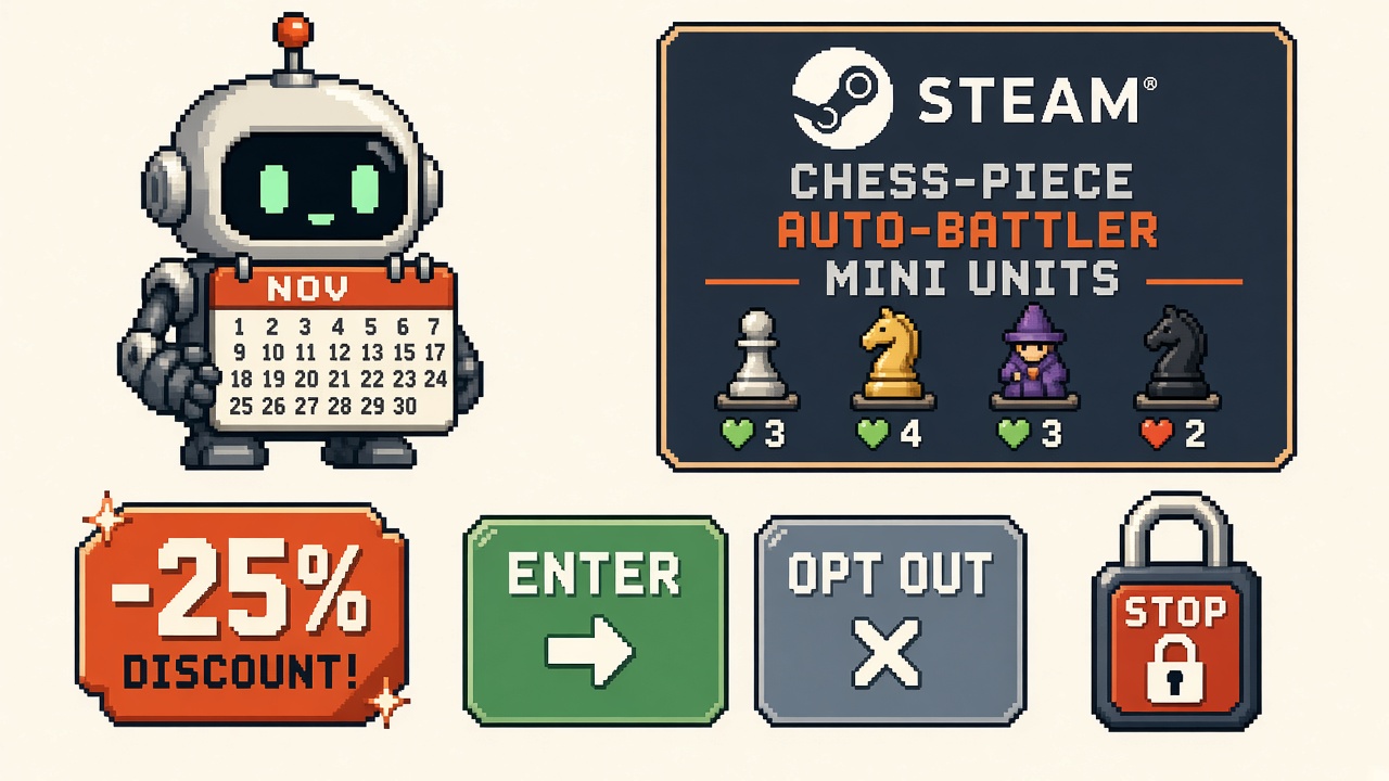 Pixel art robot with NOV 16 calendar, auto-battler units, discount badge, ENTER and OPT OUT cards