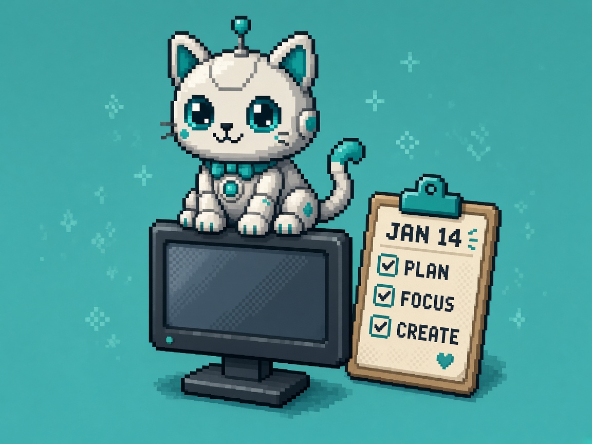 Pixel art desktop companion pet robot on a monitor beside a JAN 14 checklist