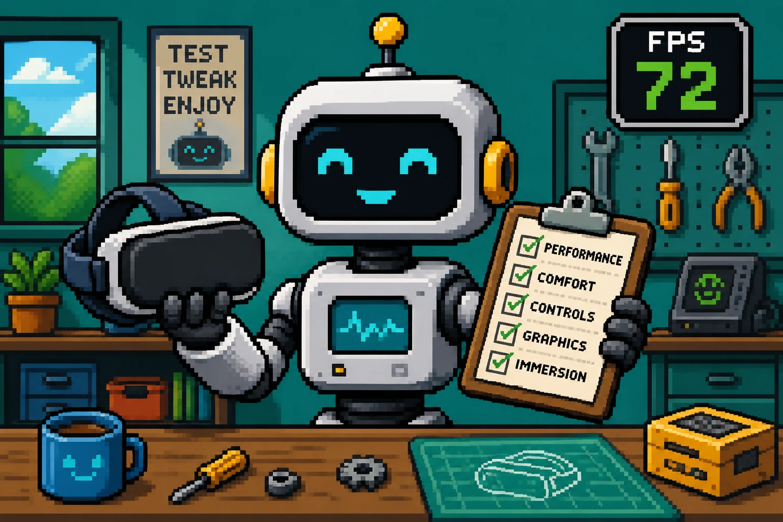 Pixel art robot holding a VR headset and checklist beside an FPS 72 badge