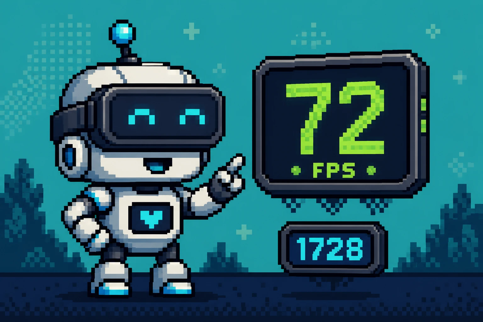 Pixel art robot in a VR headset pointing at floating 72 FPS and 1728 resolution badges