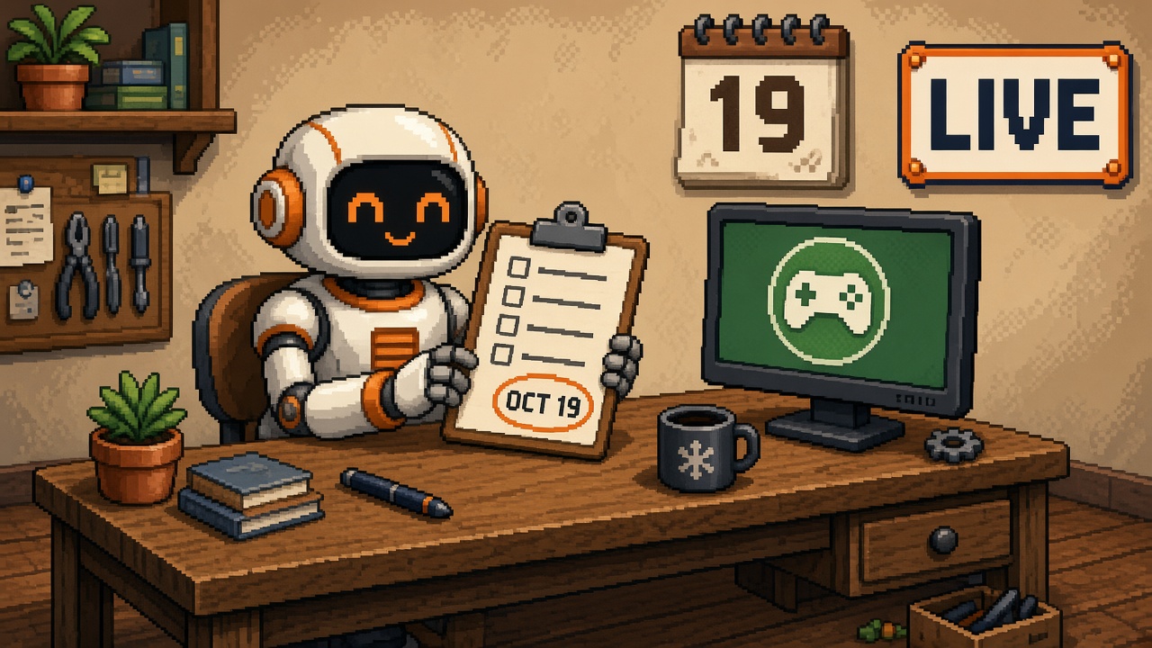 Pixel art robot with OCT 19 checklist and LIVE badge