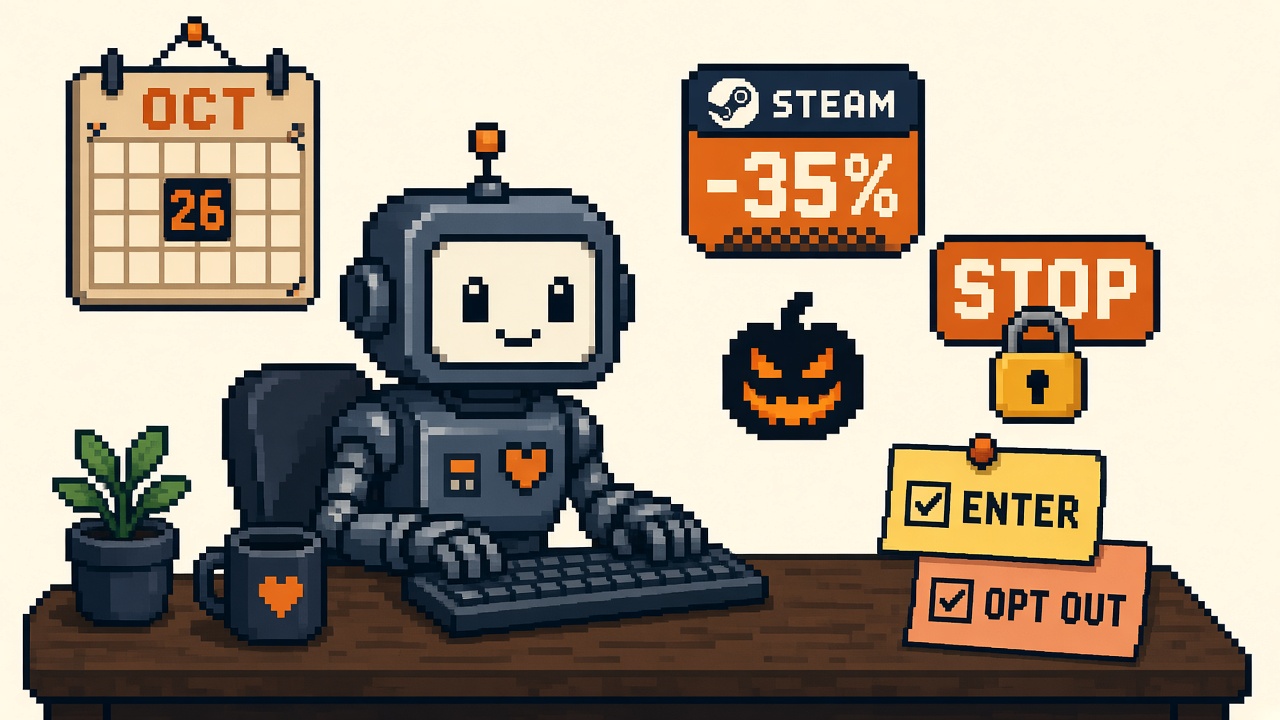 Pixel art robot with OCT 26 calendar, Steam -35% badge, pumpkin, STOP lock, ENTER/OPT OUT cards