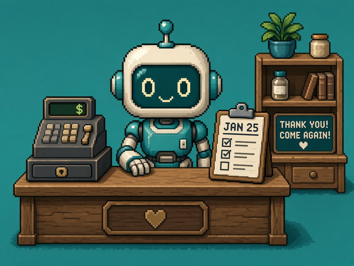 Pixel art robot shopkeeper behind a counter with a JAN 25 checklist and cash register