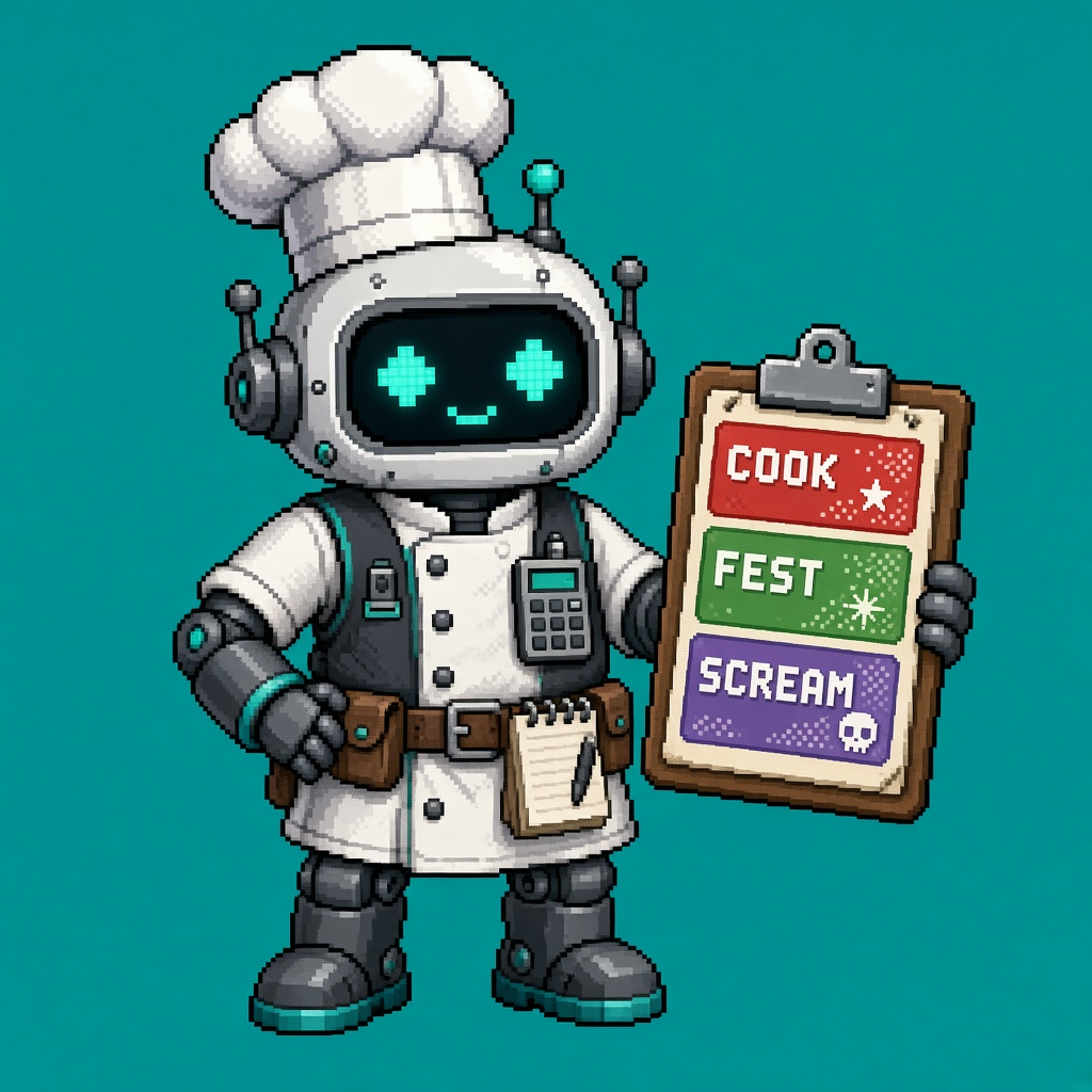 Pixel art robot chef holding COOK FEST SCREAM clipboard