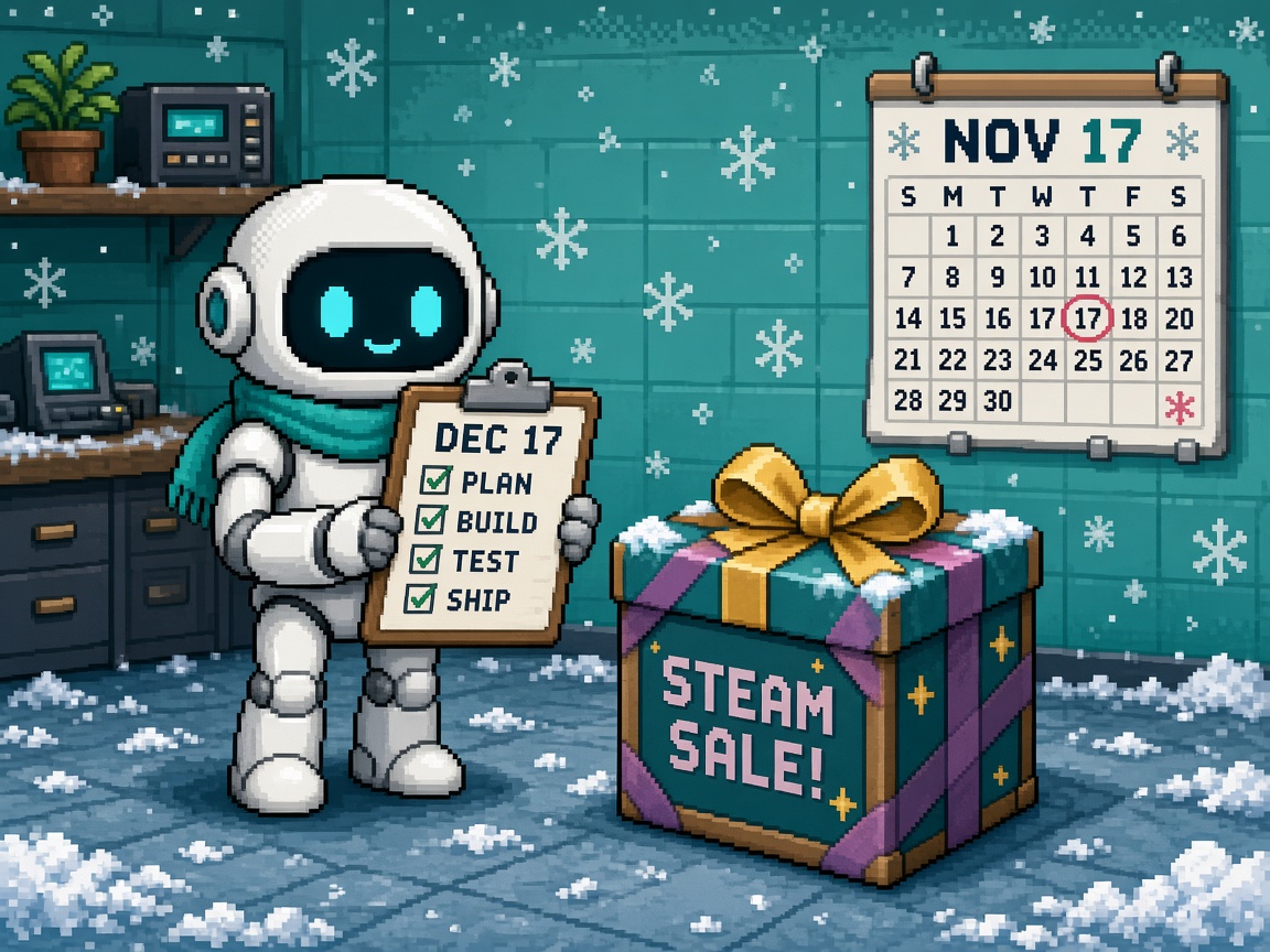 Pixel art robot holding a DEC 17 checklist beside a Nov 17 calendar and Steam sale gift