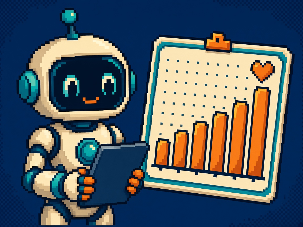 Pixel art robot holding a wishlist growth chart clipboard
