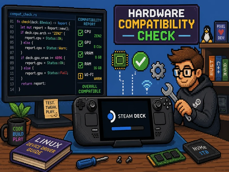 Pixel art of a handheld PC hardware compatibility check for a Steamworks SDK 1.65 migration