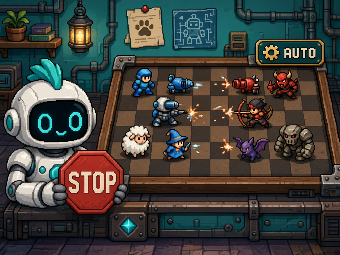 Pixel art robot holding a STOP sign beside an auto-battler board with AUTO button