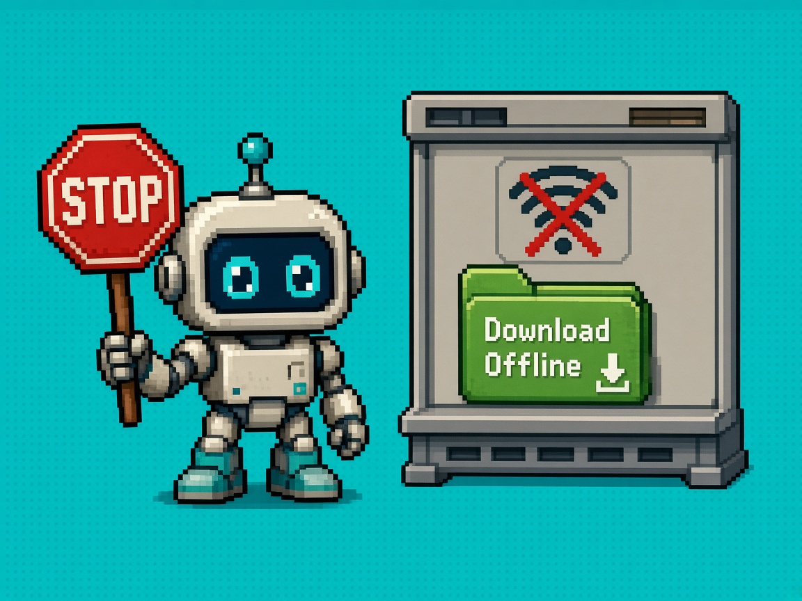 Pixel art robot holding a STOP sign beside a no-WiFi terminal and Download Offline folder