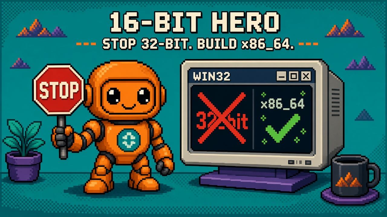 Pixel art orange robot STOP sign beside WIN32 monitor with 32-bit X and x86_64 check