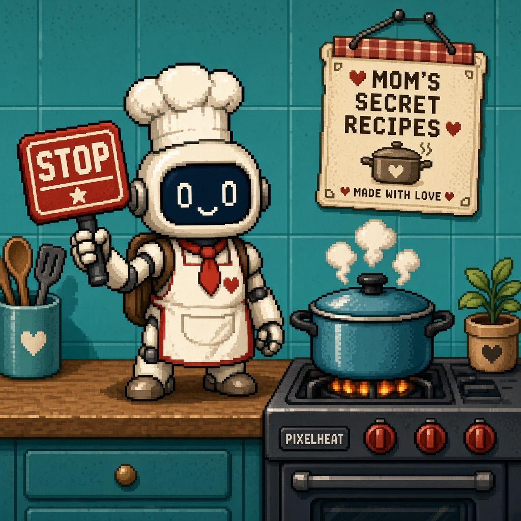 Pixel art robot chef holding a STOP sign in a kitchen