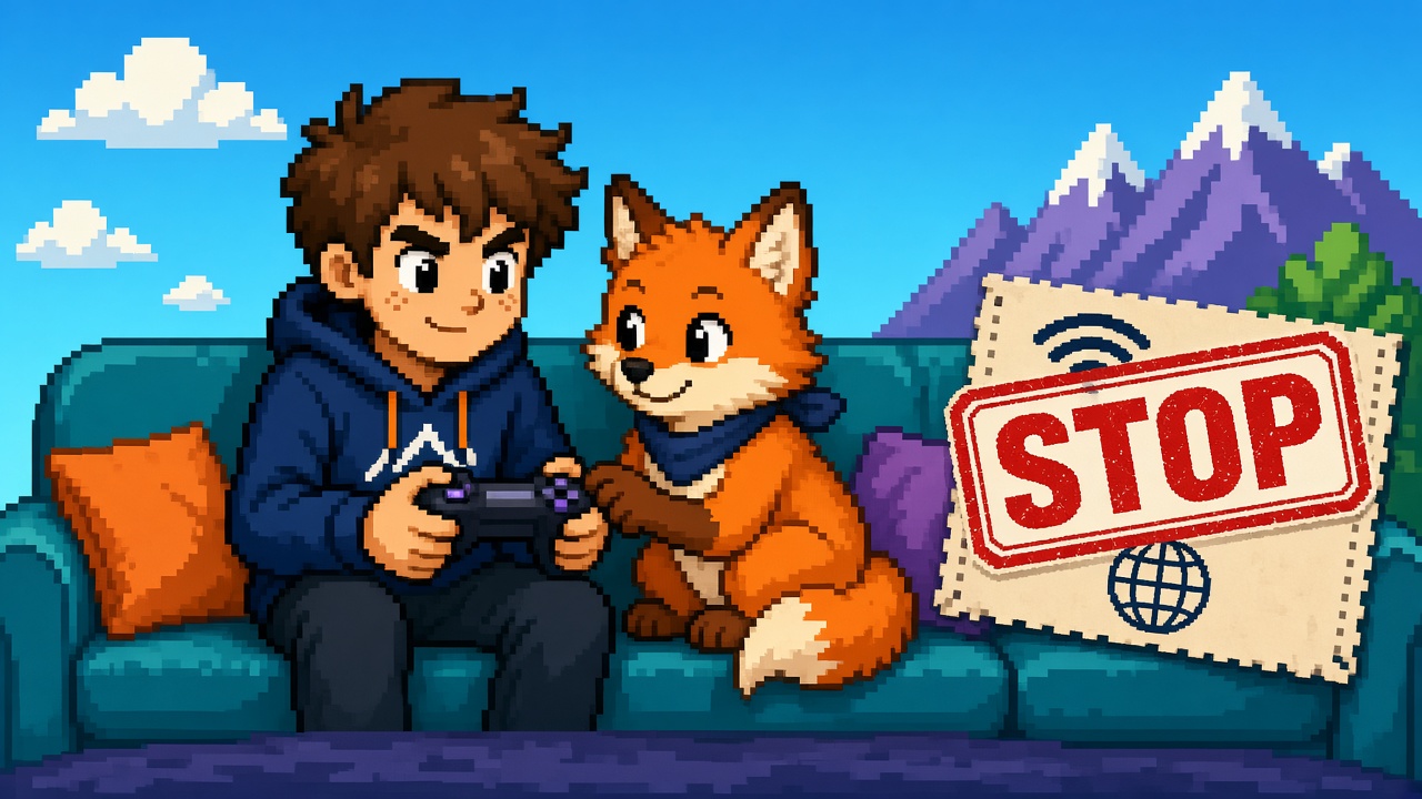 Pixel art two couch players on one device with STOP over an online-only tag