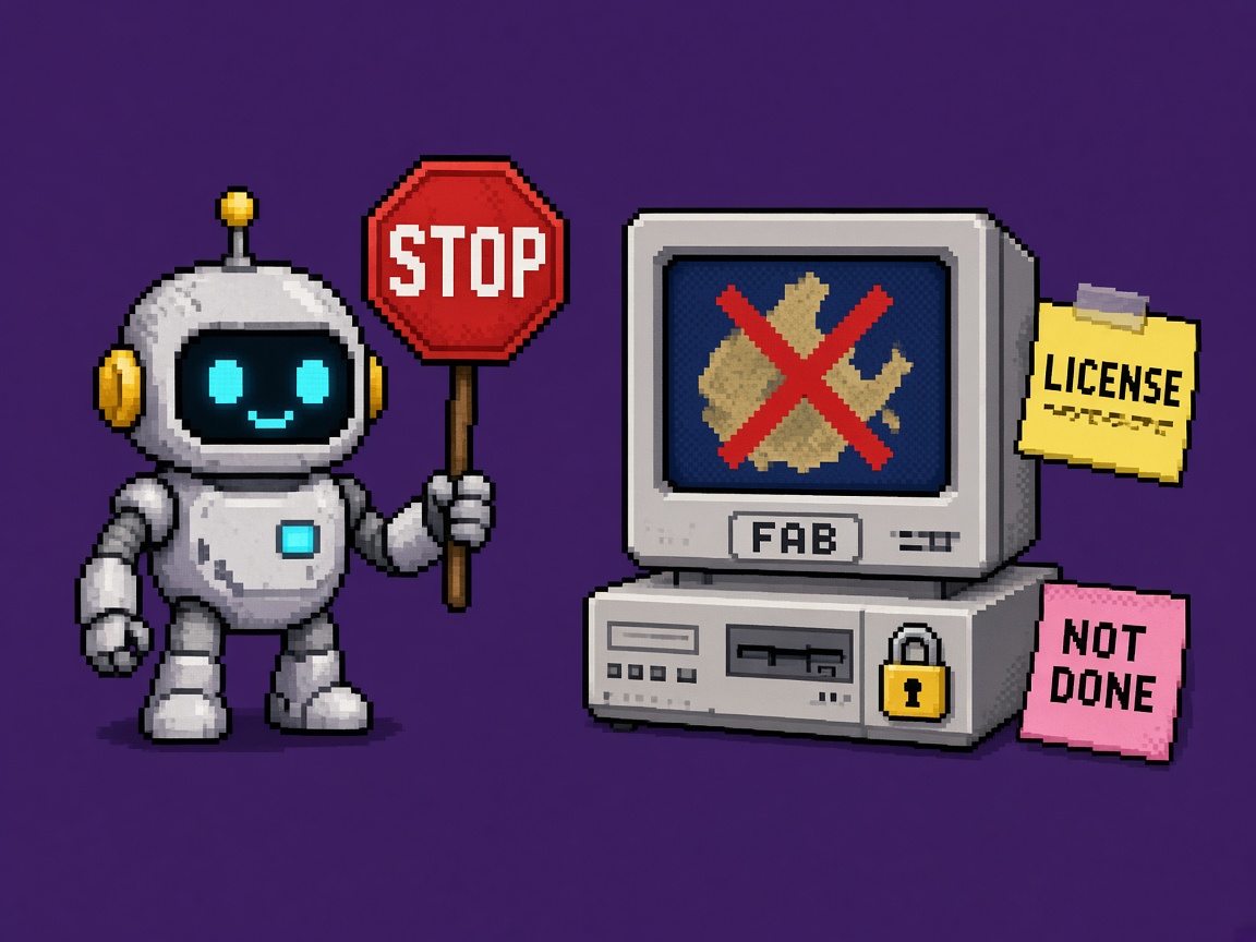 Pixel art robot with a stop sign beside a Fab monitor crossing out an island