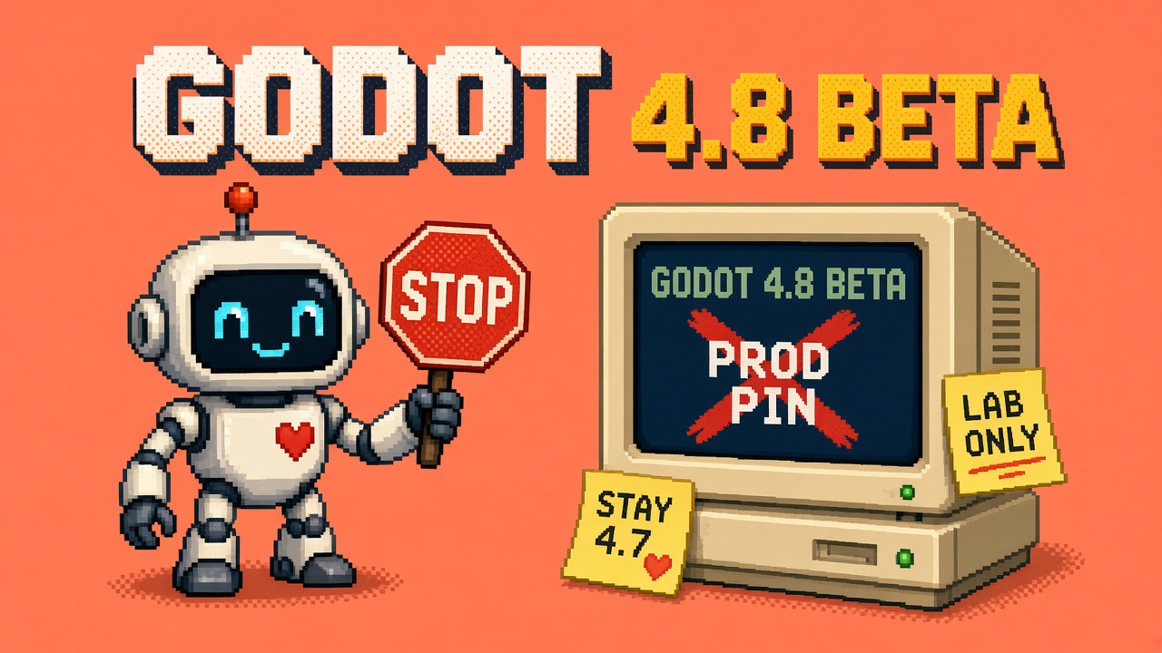 Pixel art robot with STOP sign beside GODOT 4.8 BETA monitor crossing out PROD PIN