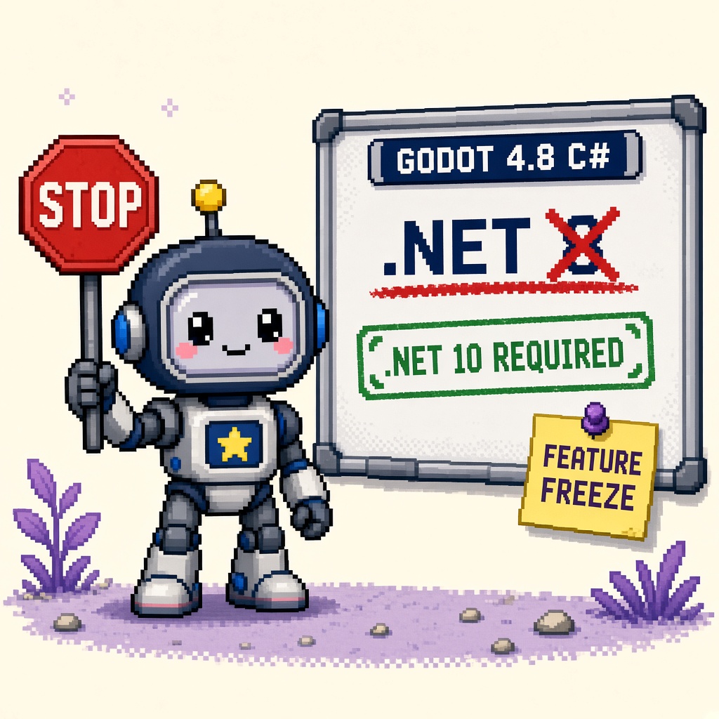 Pixel art robot with STOP sign beside GODOT 4.8 C# whiteboard crossing out .NET 8 and requiring .NET 10