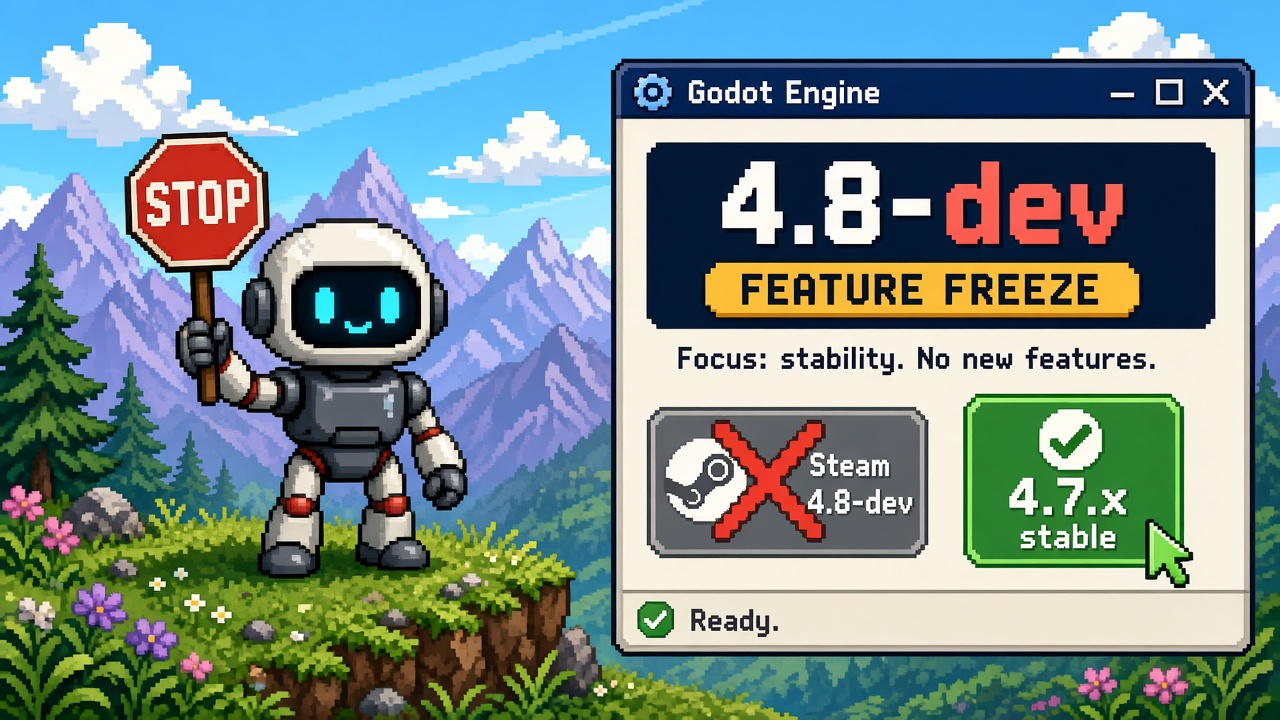 Pixel art robot with STOP sign beside Godot 4.8-dev FEATURE FREEZE window and 4.7.x stable badge