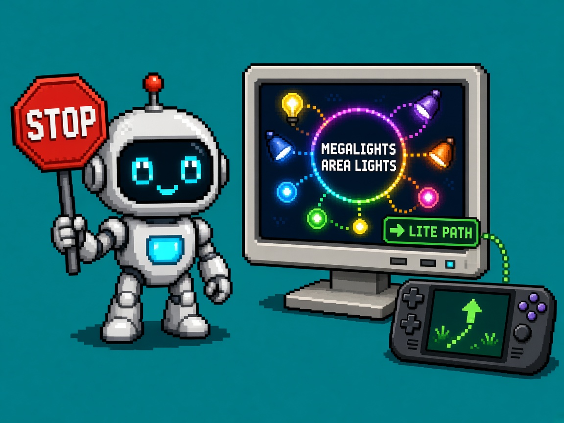 Pixel art robot holding a STOP sign beside a MegaLights monitor with a Lite path to a handheld