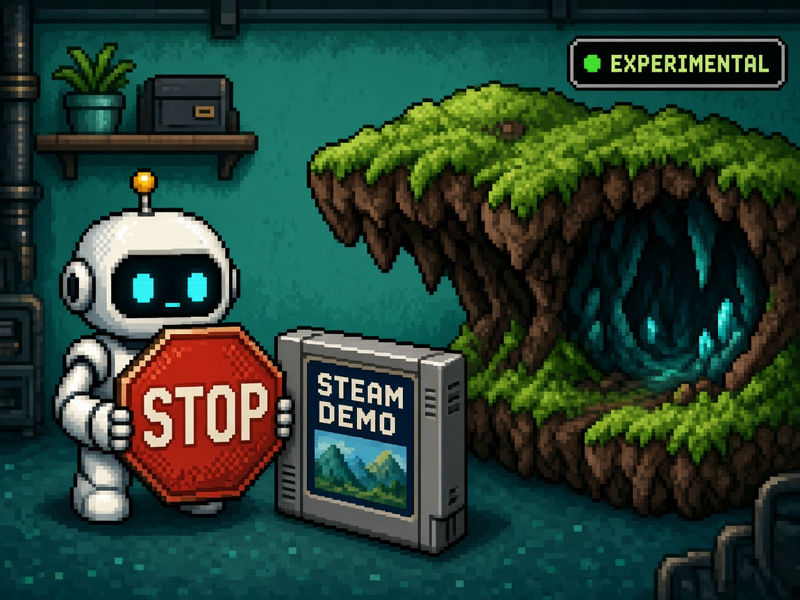 Pixel art robot holding a STOP sign beside a Steam demo cartridge and experimental cave terrain
