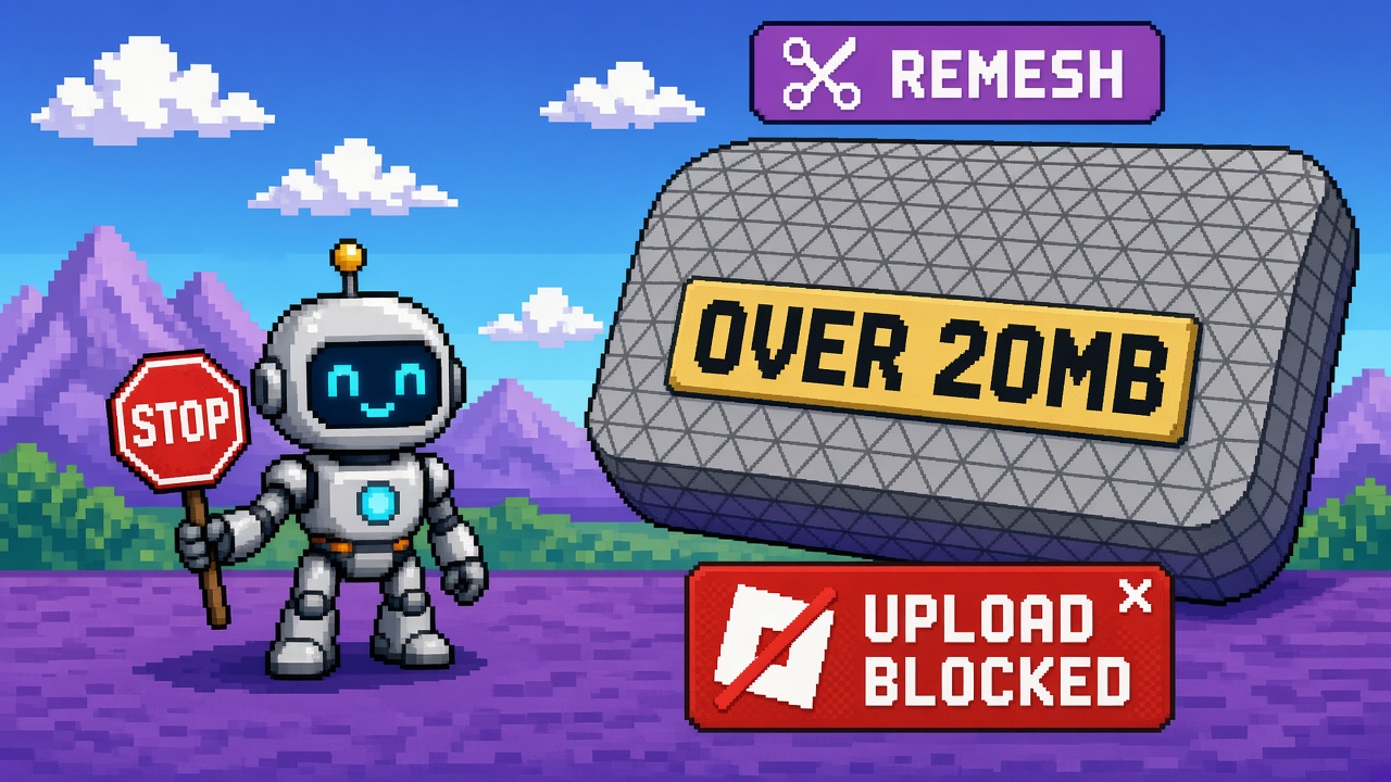 Pixel art robot with STOP sign beside OVER 20MB mesh and remesh scissors