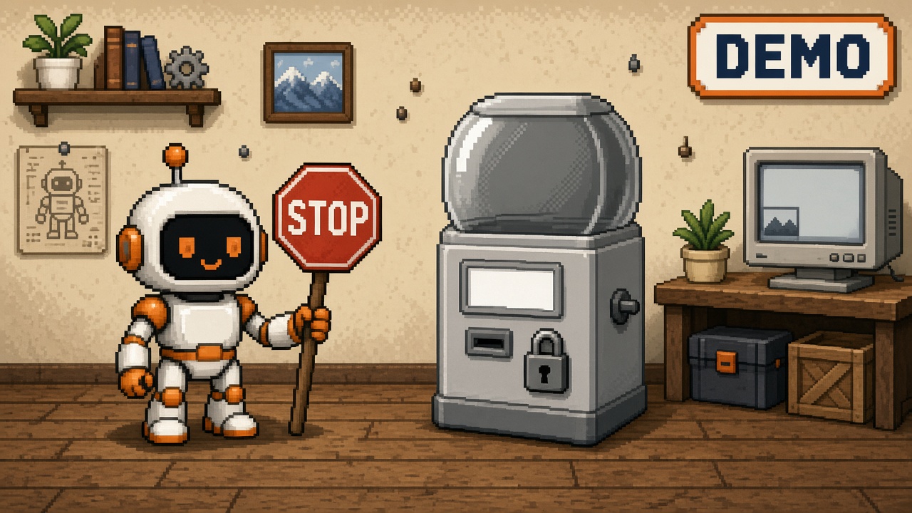 Pixel art robot with STOP sign beside a locked empty demo capsule